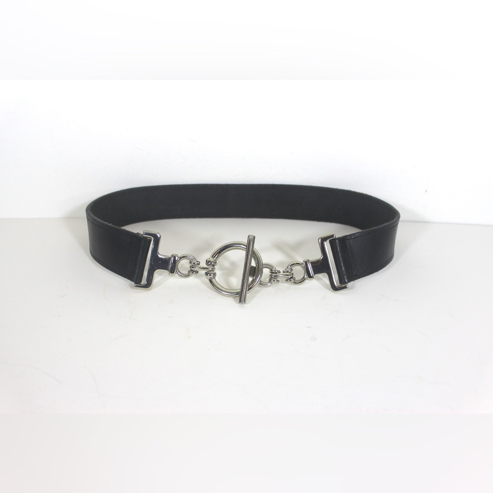 Thick Black Leather Hip Belt with Silver Loop and Bar Buckle Small